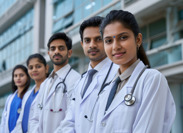 Group of Indian medical staff standing in front of hospital building