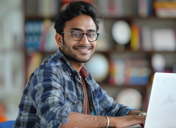 man-is-sitting-computer-with-book-shelf-him