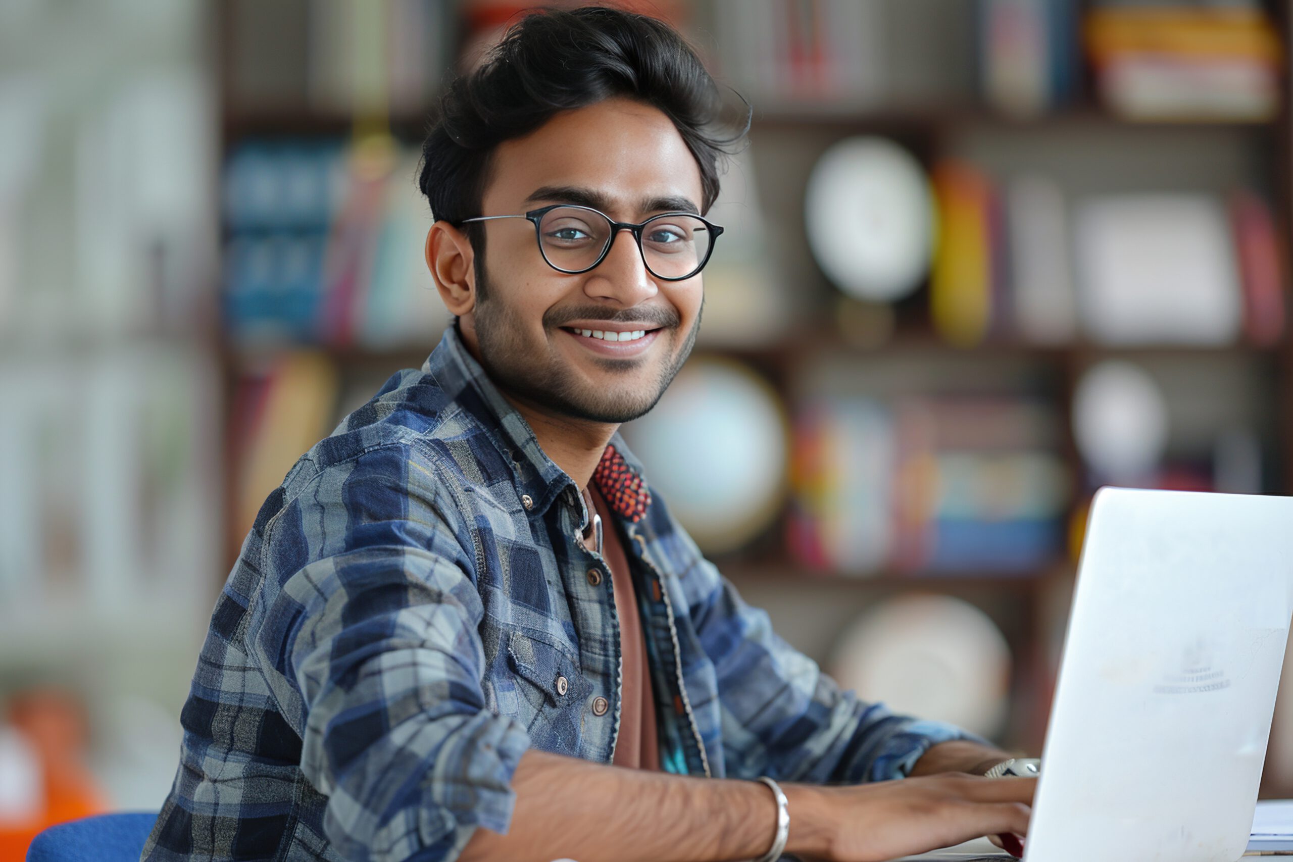 man-is-sitting-computer-with-book-shelf-him